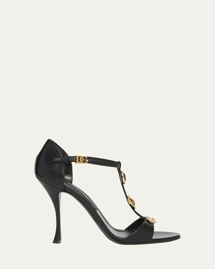 Stone Embellished Leather T-Strap Sandals