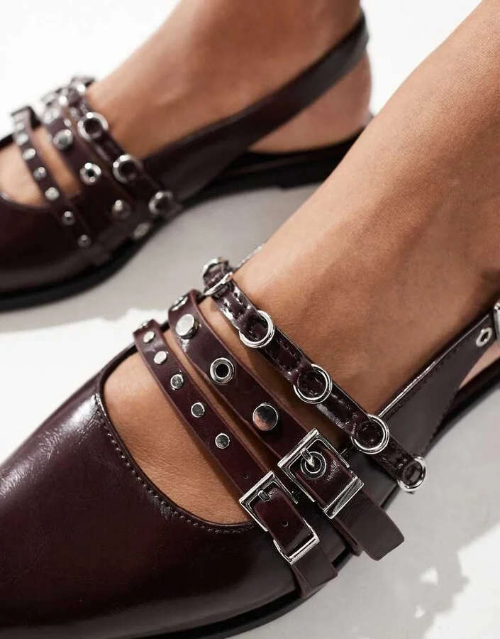 Stradivarius buckle detail flat slingback shoes in burgundy - Image 2
