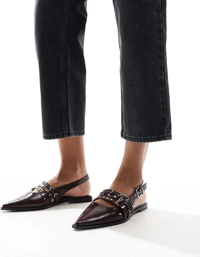 Stradivarius buckle detail flat slingback shoes in burgundy - Image 3