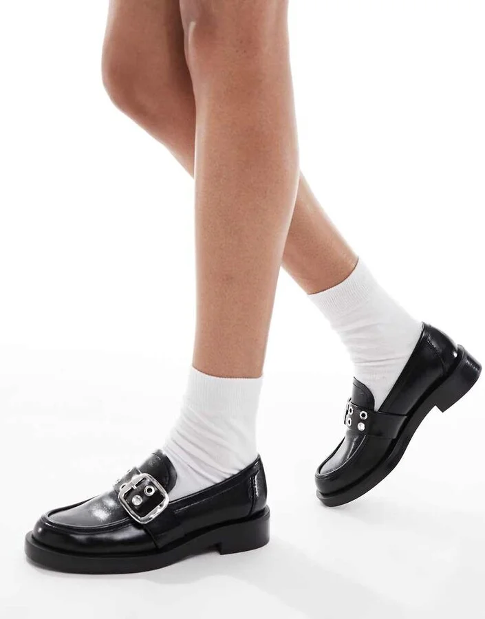 Stradivarius buckle detail loafers in black - Image 3