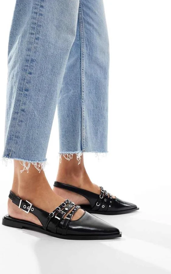 Stradivarius buckle detail pointed flat slingback shoes in black - Image 2