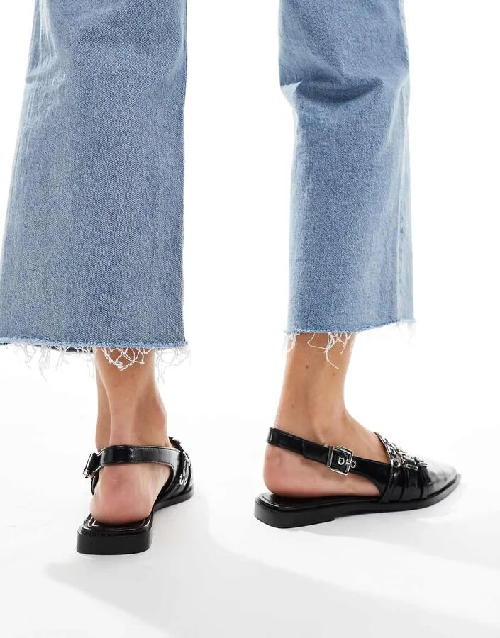 Stradivarius buckle detail pointed flat slingback shoes in black - Image 3