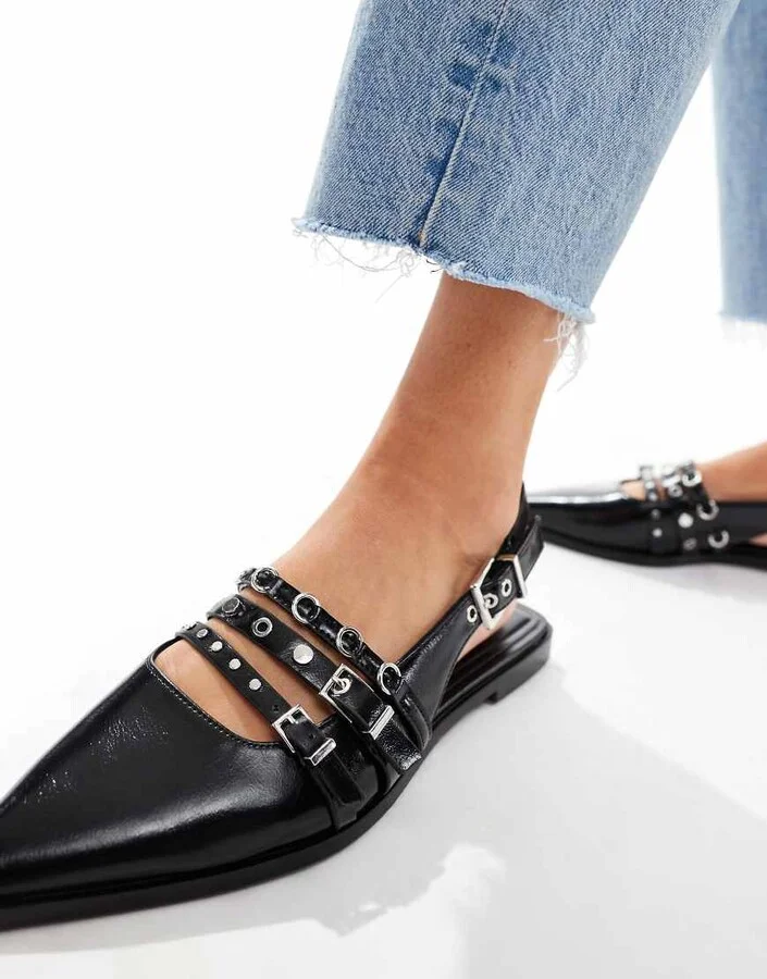 Stradivarius buckle detail pointed flat slingback shoes in black - Image 4