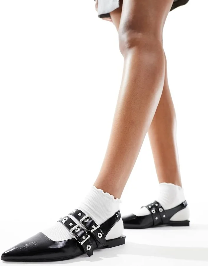Stradivarius buckle detail slingback ballet shoes in black