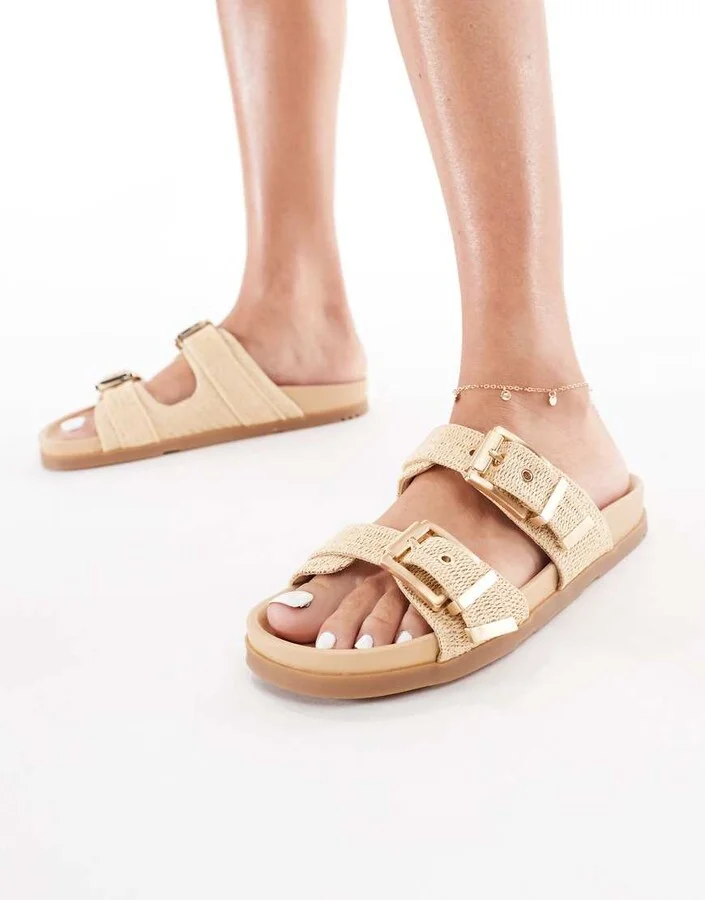 Stradivarius double strap and buckle flat sandals in beige