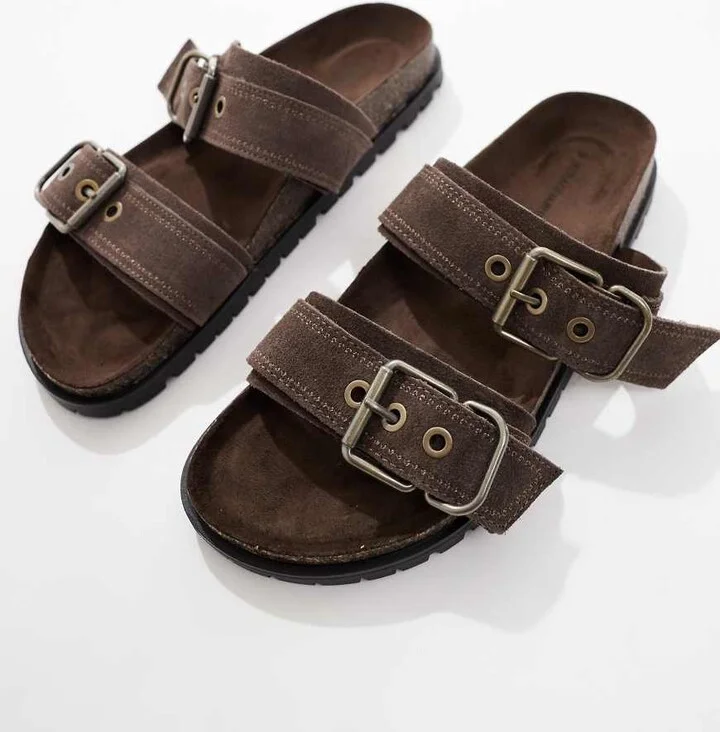 Stradivarius double strap flat leather sandals in dark brown - Image 3