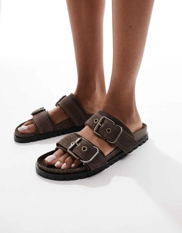 Stradivarius double strap flat leather sandals in dark brown