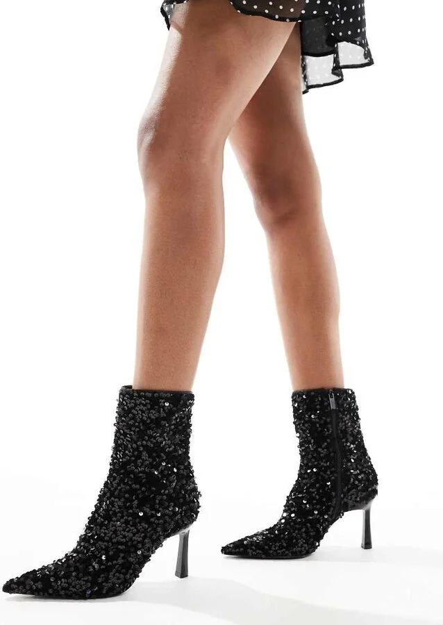 Stradivarius heeled ankle boot with sequins in black - Image 2