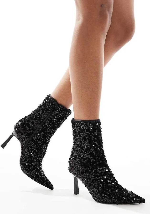 Stradivarius heeled ankle boot with sequins in black