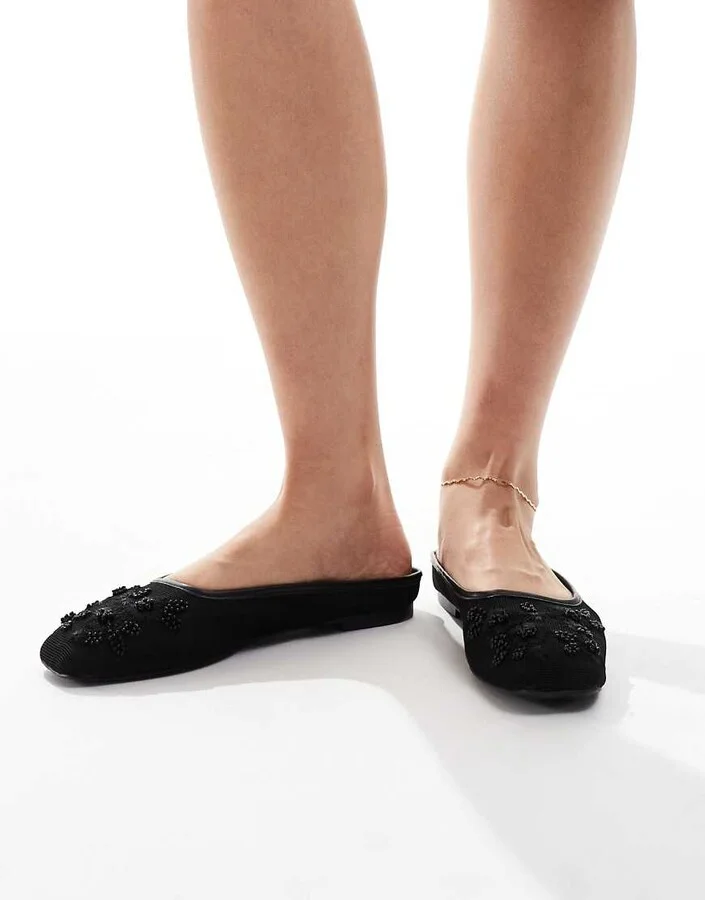 Stradivarius mesh embroidery detail flats in black - Image 4