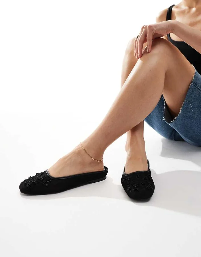 Stradivarius mesh embroidery detail flats in black