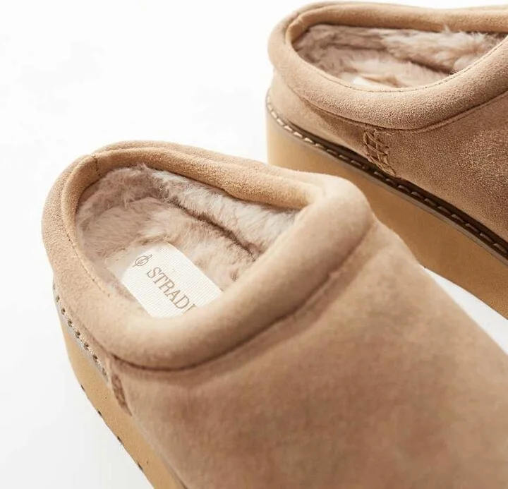 Stradivarius platform fluffy leather mules in beige - Image 2