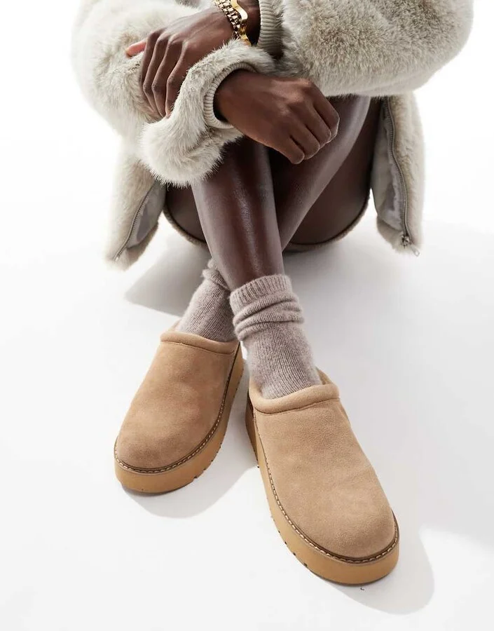 Stradivarius platform fluffy leather mules in beige