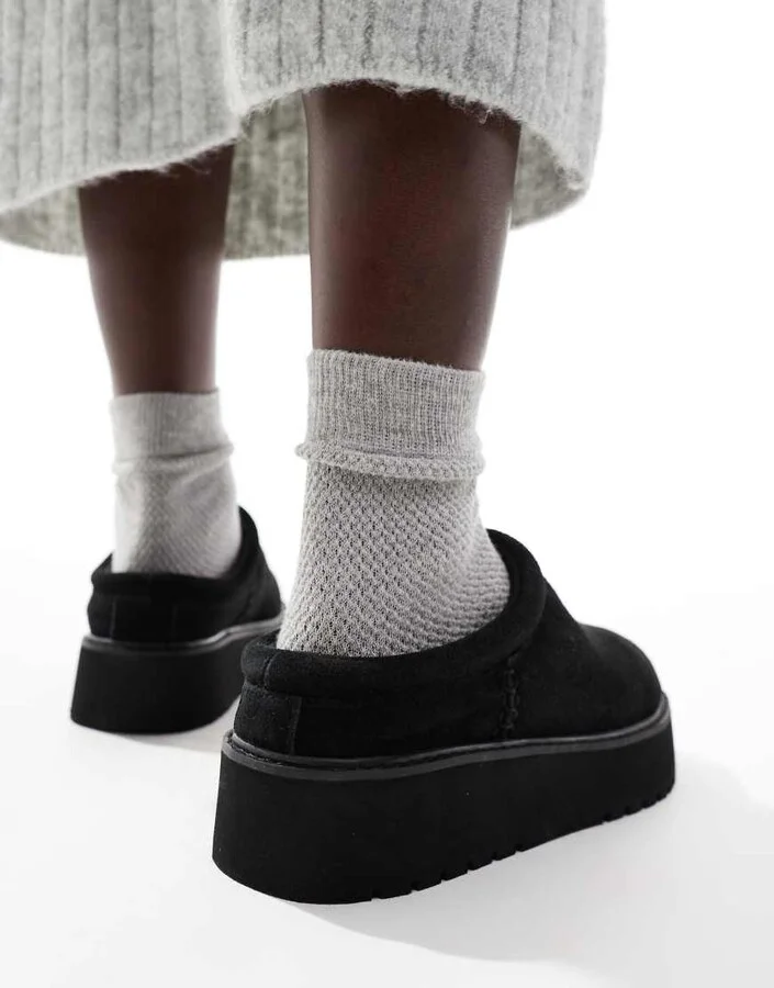 Stradivarius platform fluffy mules in black - Image 4