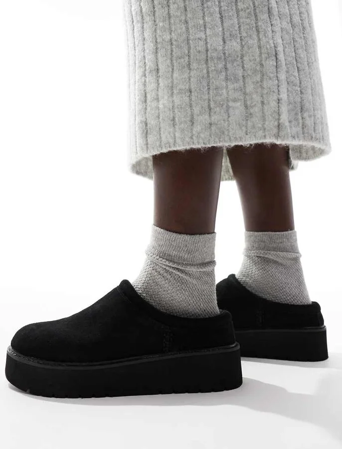 Stradivarius platform fluffy mules in black
