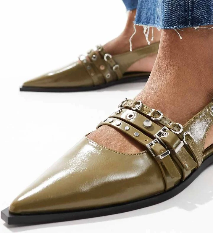 Stradivarius pointed flat shoes with buckles in green - Image 2