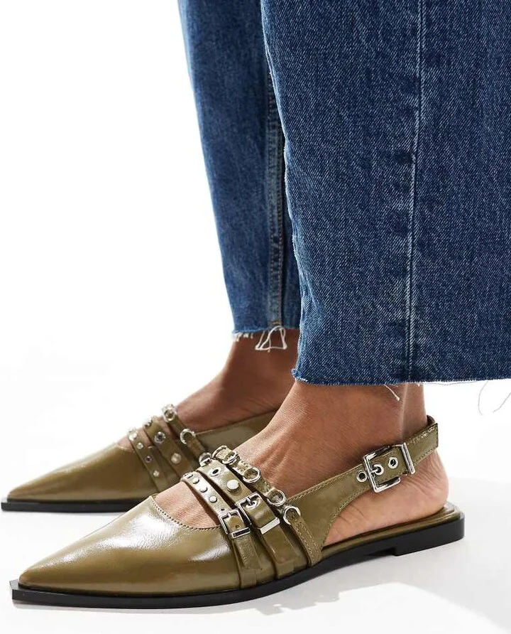 Stradivarius pointed flat shoes with buckles in green - Image 4