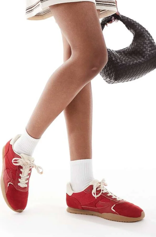 Stradivarius running sneakers in red leather suede