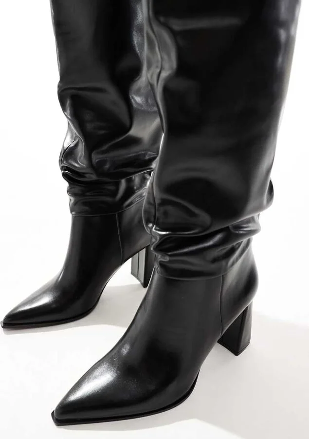 Stradivarius slouchy heeled knee high boots in black - Image 2
