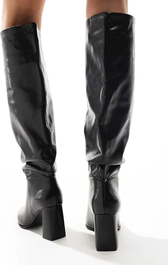 Stradivarius slouchy heeled knee high boots in black - Image 3