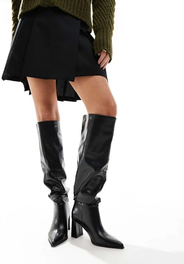 Stradivarius slouchy heeled knee high boots in black