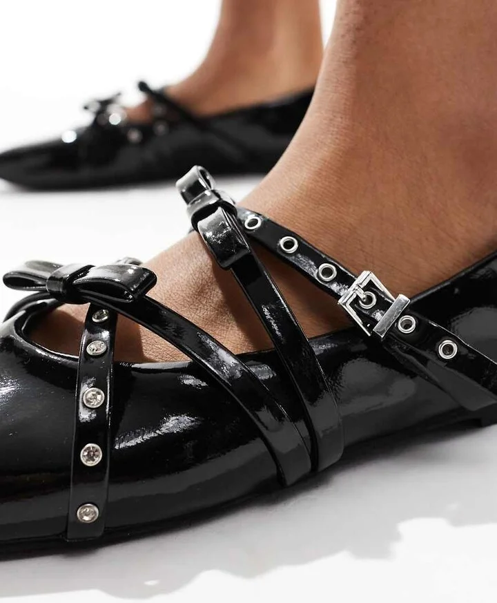 Stradivarius strappy studded ballet shoes in black - Image 2