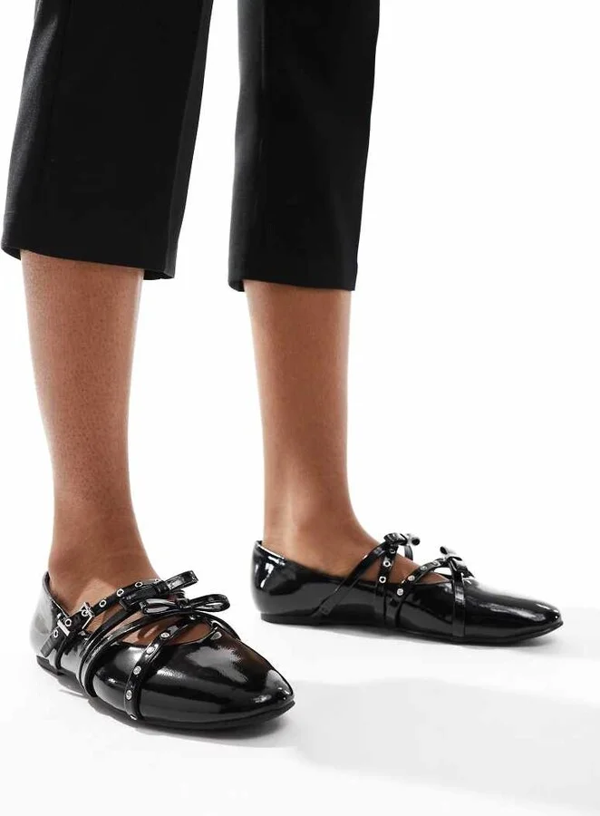 Stradivarius strappy studded ballet shoes in black