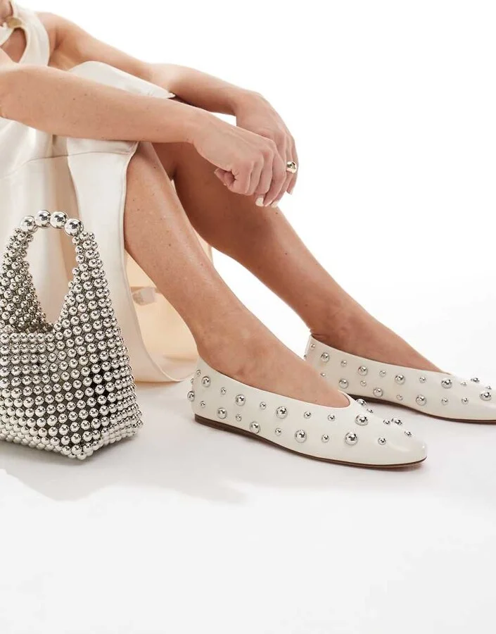 Stradivarius studded ballet flats in ecru - Image 3