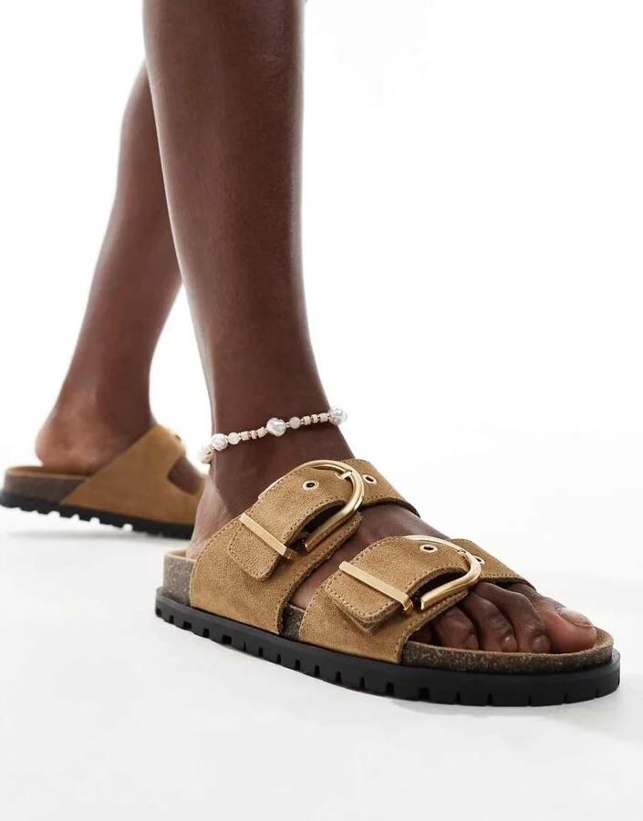 Stradivarius two strap buckle sandals in sand