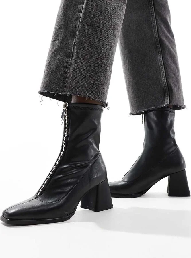Stradivarius zip front ankle boots in black