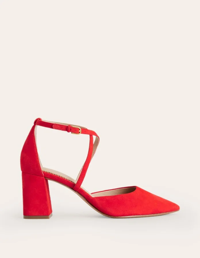 Strap Block Heel Point Courts, Red Suede - Image 2