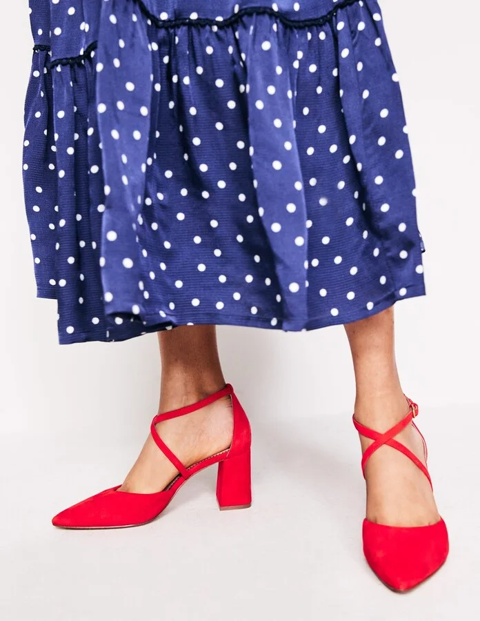 Strap Block Heel Point Courts, Red Suede