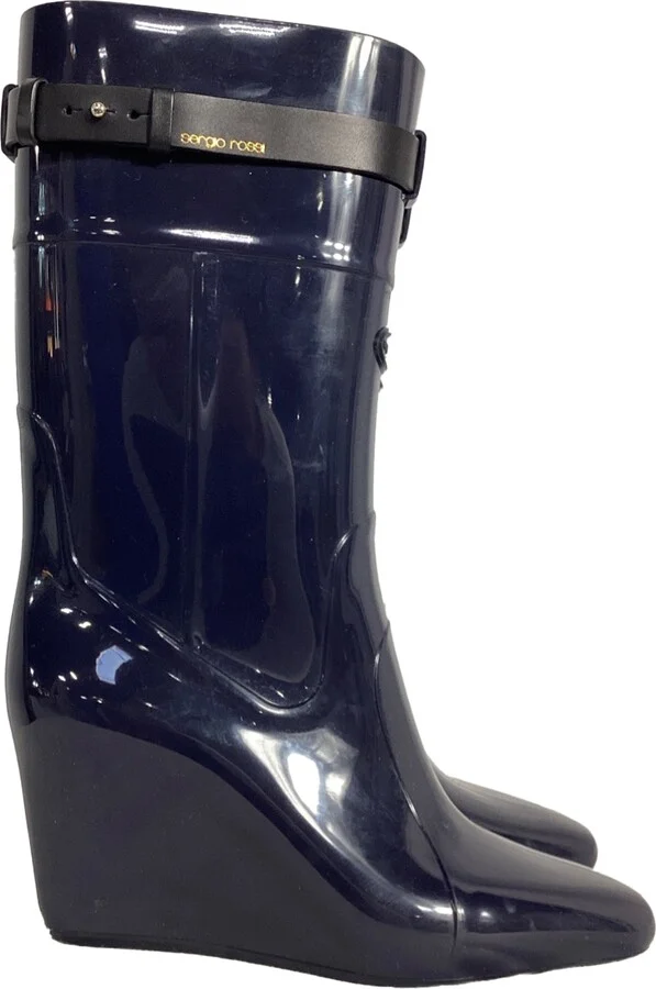 Strap Detail Rain Mid-Calf Boots in Navy Blue Rubber