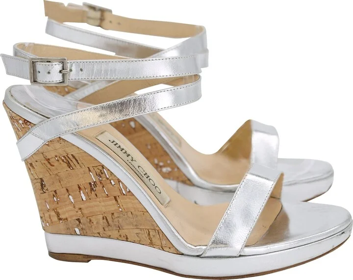 Strappy Wedge Heel Sandals in Silver Leather