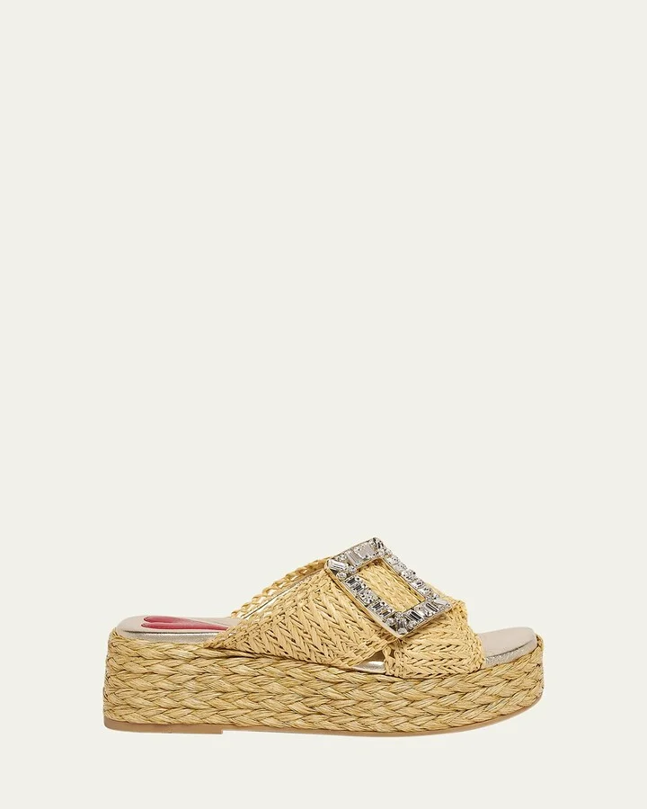 Strass-Buckle Raffia Platform Sandals