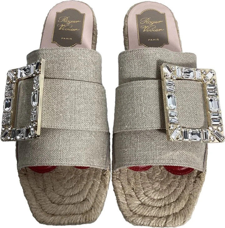 Strass Espadrille Platform Slides in Beige Linen Canvas