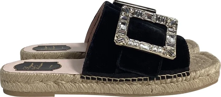 Strass Espadrille Platform Slides in Black Velvet