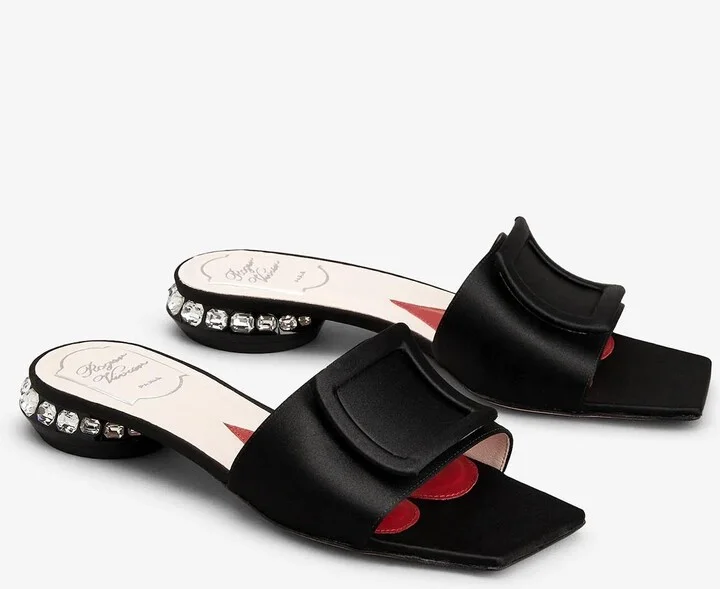 Strass Heel Flat Mules in Satin and Leather - Image 2