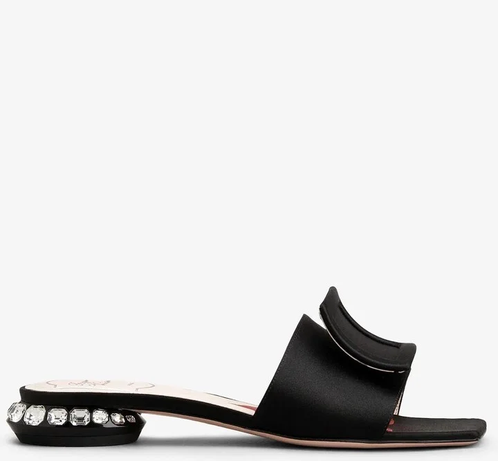 Strass Heel Flat Mules in Satin and Leather