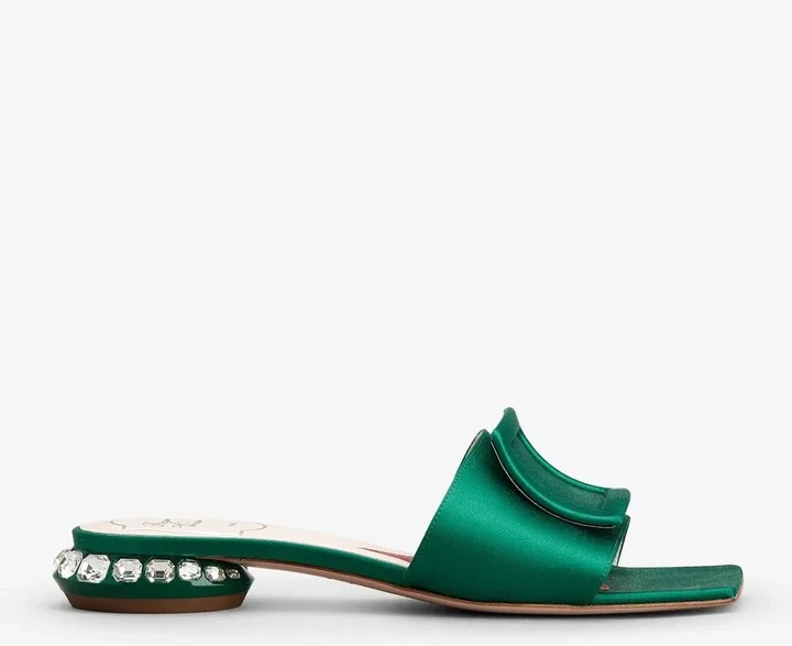 Strass Heel Flat Mules in Satin and Leather