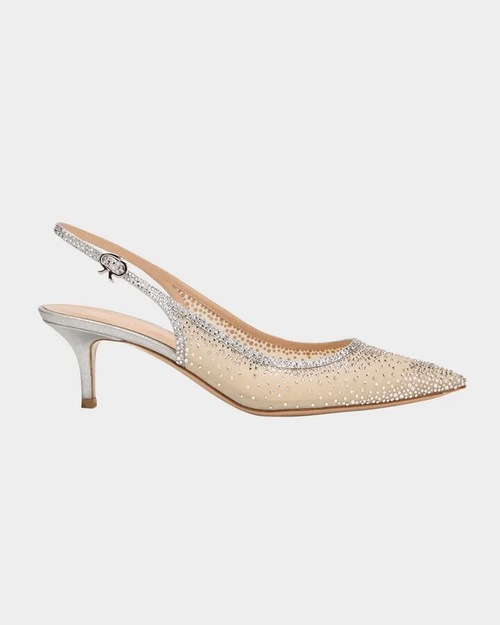 Strass Organza Kitten-Heel Slingback Pumps