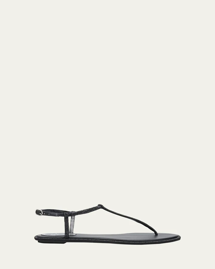 Strass Satin T-Strap Flat Sandals