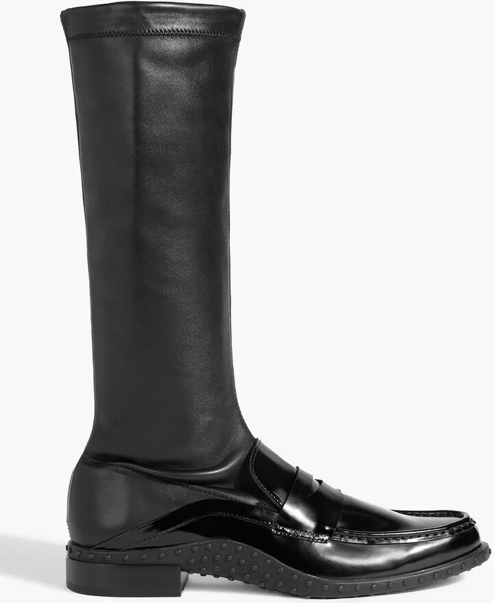 Stretch and glossed-leather boots