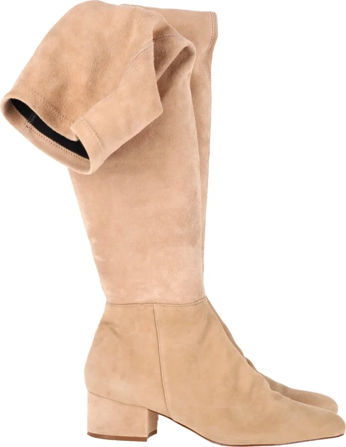 Stretch Over-the-Knee Boots in Beige Suede