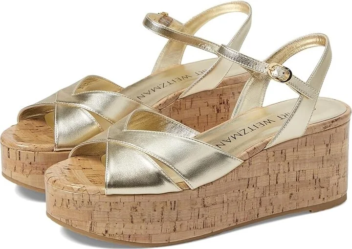 Stuart Weitzman Carmen Midi Wedge Women's Sandals Light Gold : 11 M, Leather