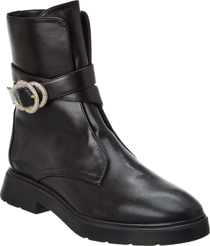 Stuart Weitzman Crystal Buckle Zip Leather Bootie