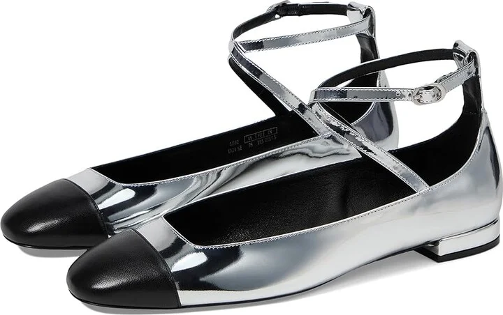 Stuart Weitzman Eden Strap Flat Women's Flat Shoes Silver/Black : 7.5 M, Leather/Rubber