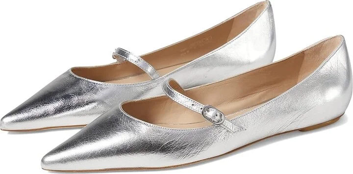 Stuart Weitzman Emilia Mary Jane Flat Women's Flat Shoes Silver : 5 M, Leather