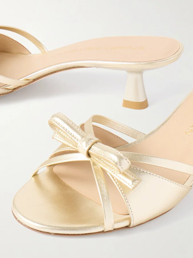 Stuart Weitzman - Felicity Bow-detailed Metallic Leather Sandals - Gold - Image 4