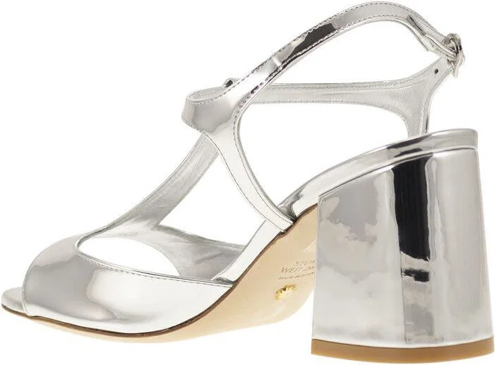 Stuart Weitzman Flareblock - Mirrored Leather T-Sandal - Image 3